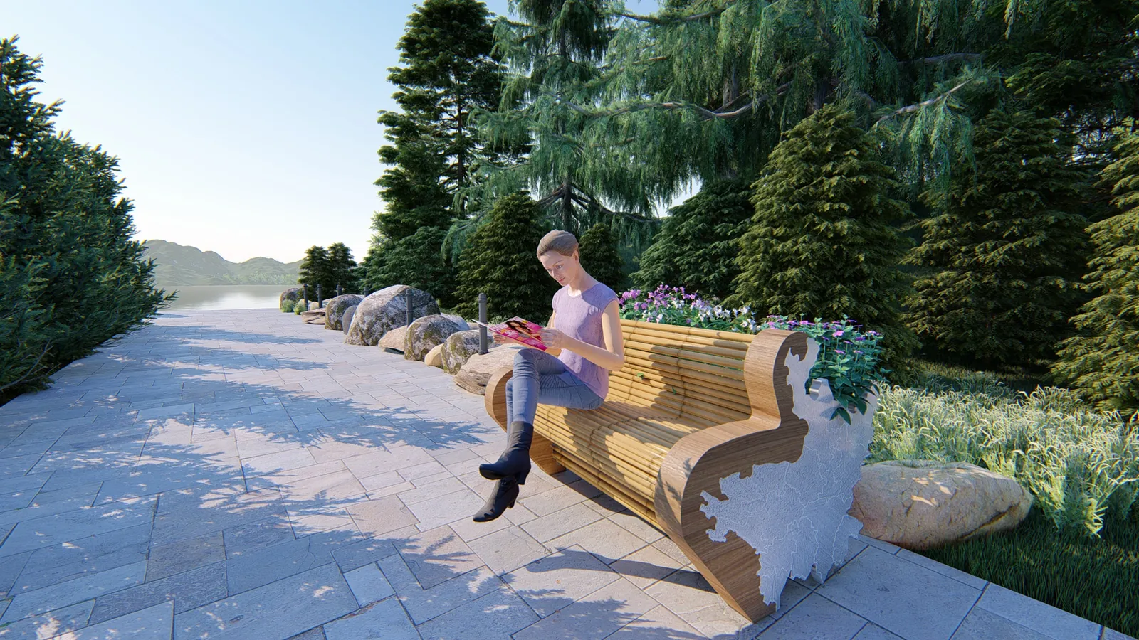 A bamboo bench beside a path in a park