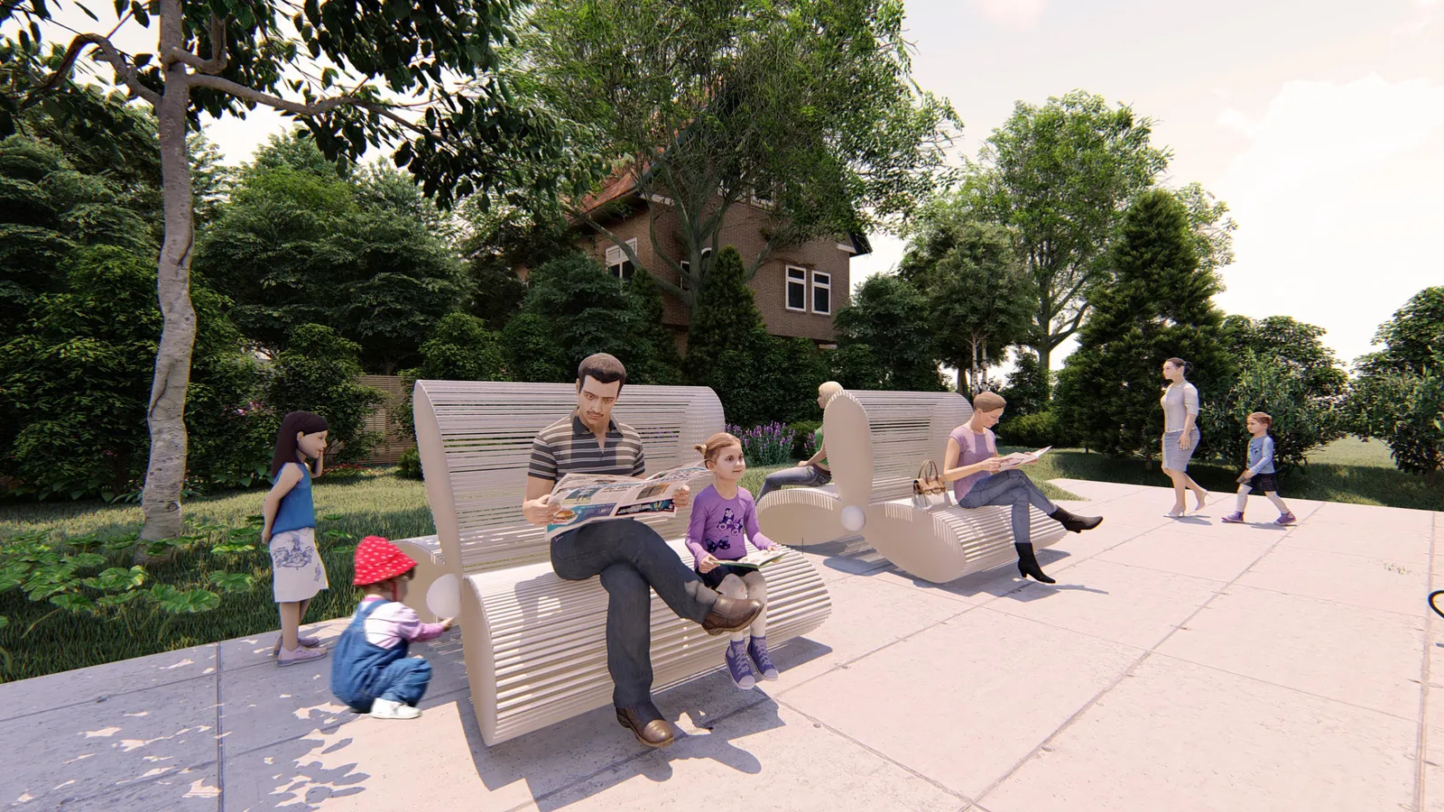 People sitting on bamboo benches in a plaza
