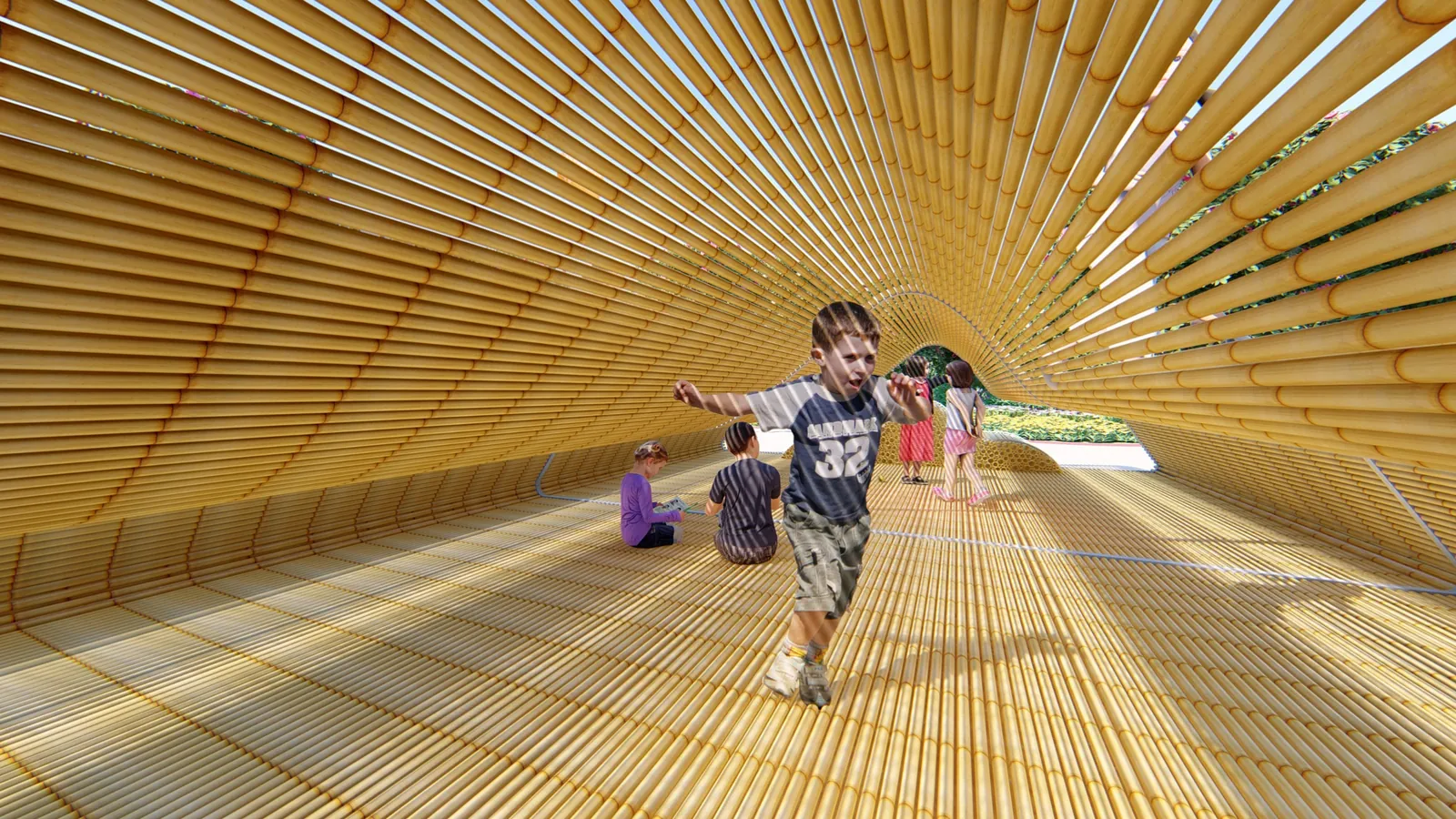 A child running through a woven bamboo tunnel