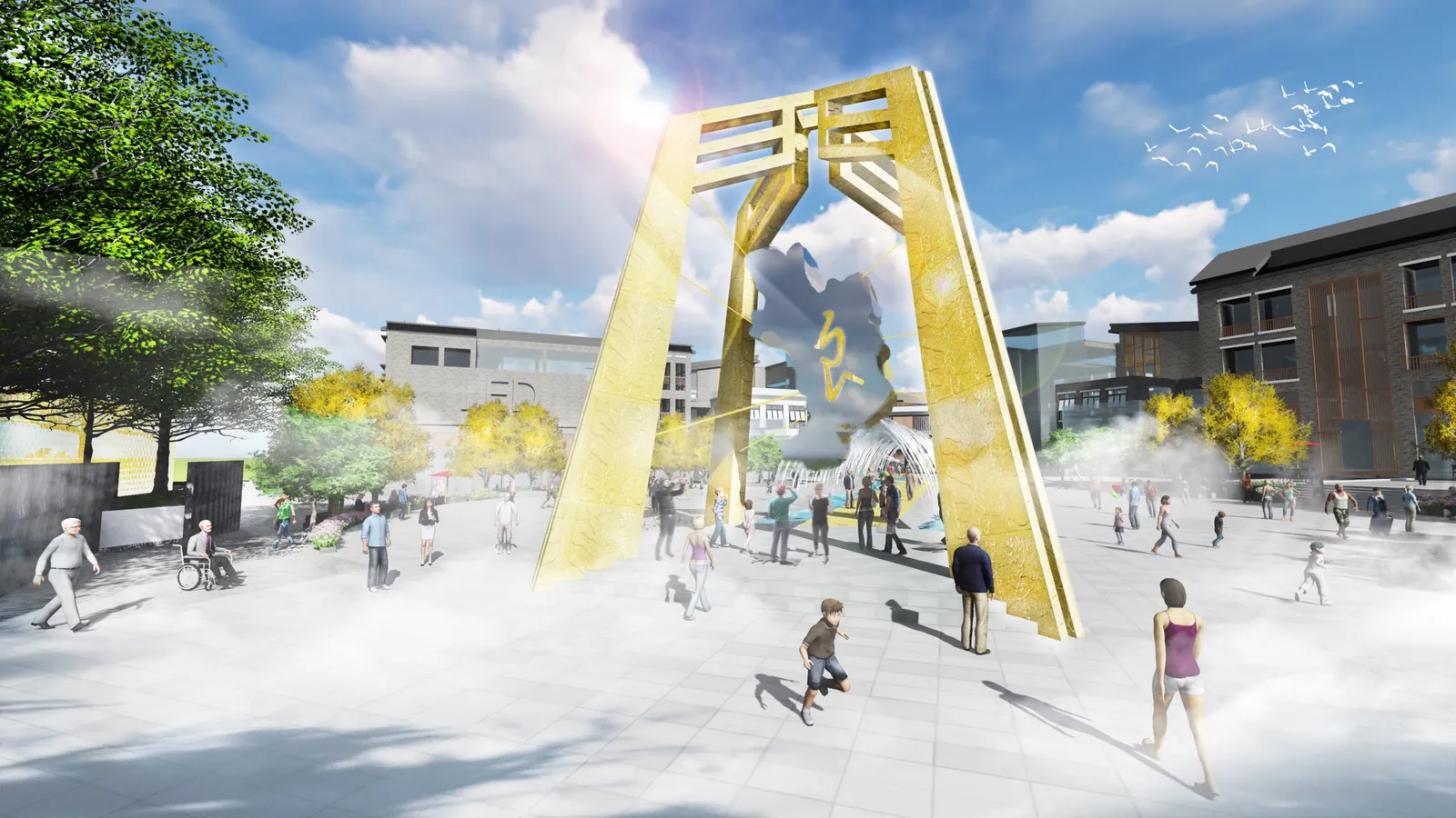 Rendering of yellow gateway arches with drifting mist and people in a plaza