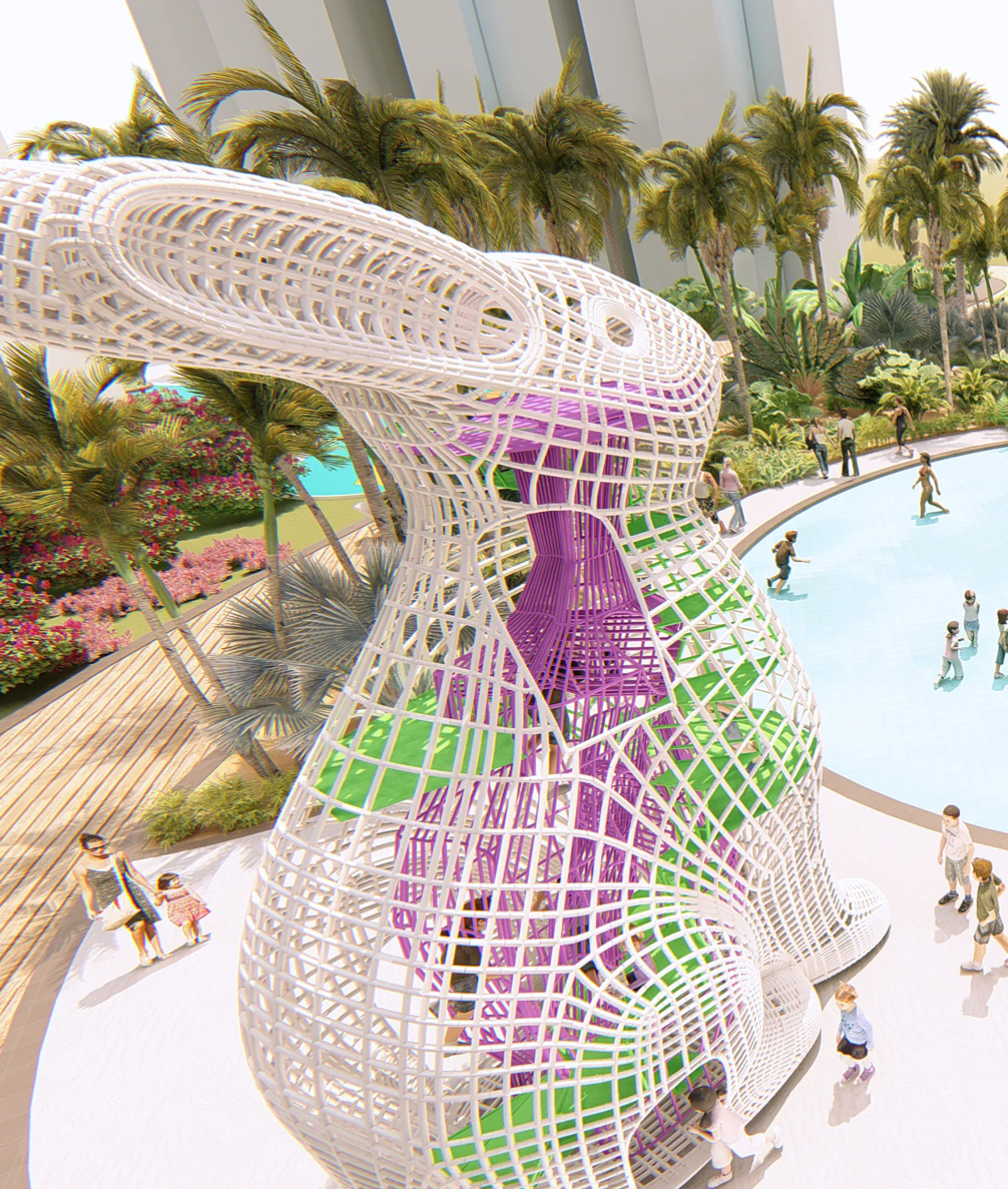 Rendering of a white lattice rabbit sculpture beside a pool with people nearby