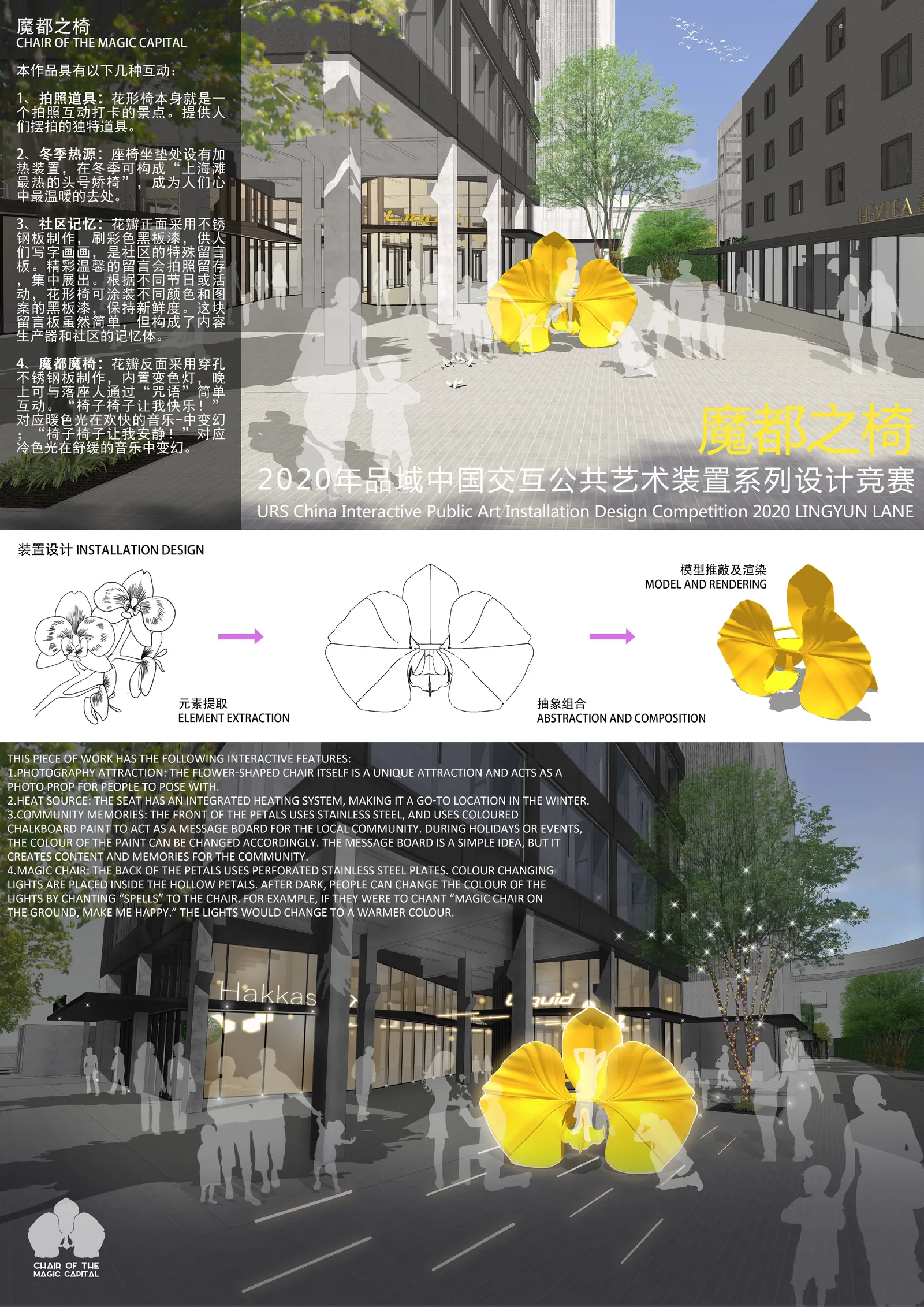 Concept board for “Chair of the Magic Capital”: the orchid chair shown in a city street, with petal diagrams