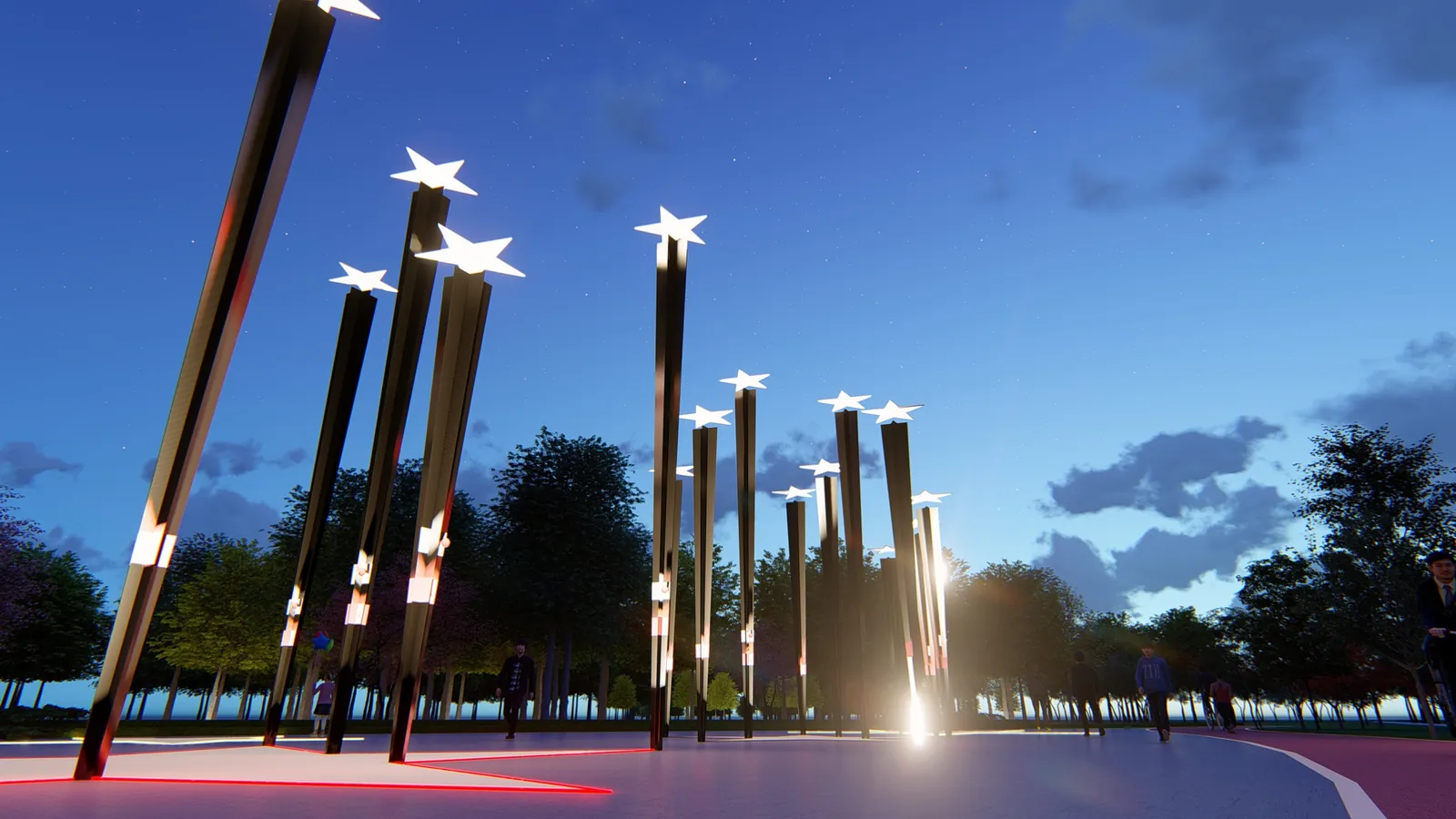 Golden poles lit at dusk