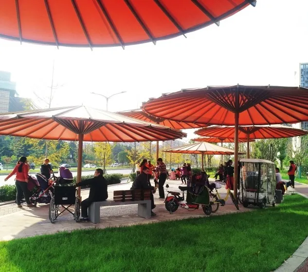 Visitors gathered under the canopies