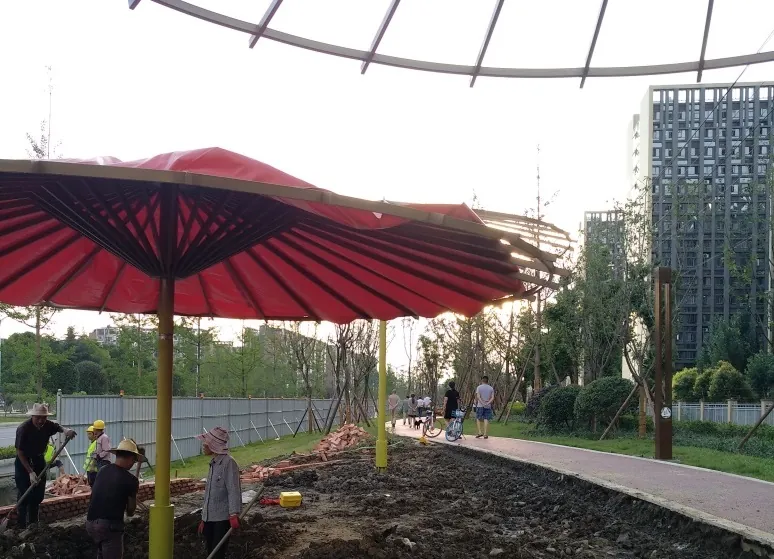 Red canopies among young trees at the edge of the park